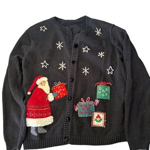 Talbots Vintage Black Cardigan with Santa and Gift Embroidery Size Medium